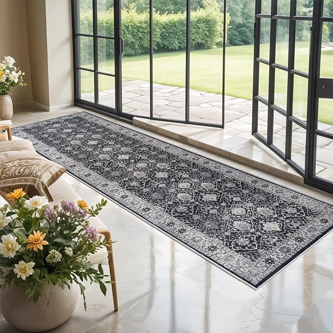 Hallway Washable Runner Rug - 3x10 Kitchen Rugs Entryway Rug Runner Vintage Soft Floor Mat Non Slip Indoor Farmhouse Carpet for Bathroom Living Room Bedroom (3 X 10, Black)