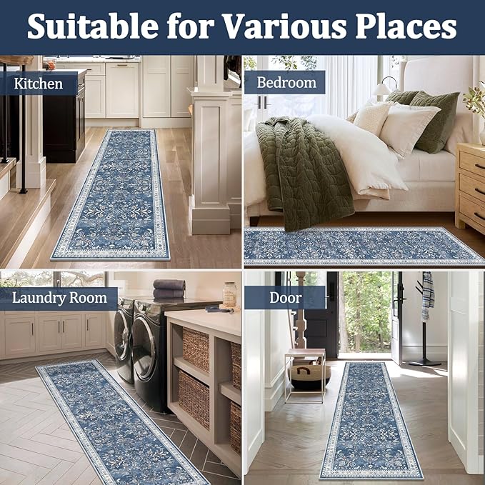 Yamaziot Washable Runner Rug 2x8 – Non Slip Boho Floral Hallway Runner Rug with Rubber Backing, Low Pile Wool Distressed Carpet for Kitchen, Laundry, Bedroom, Entrance, Blue