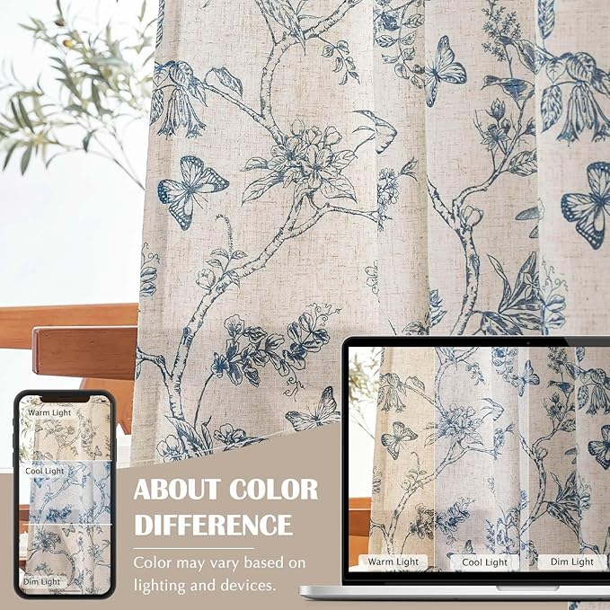 jinchan Floral Curtains Lined Linen Blend Curtain for Living Room 96 Inch Length Blue Flower Patterned Curtain French Country Farmhouse Curtains Drapes Back Tab Rod Pocket 2 Panels