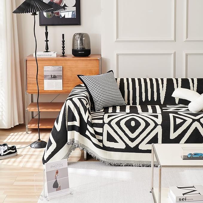 HANDONTIME Boho Sofa Covers for Dogs Black Couch Sofa Covers for 3 Cushion Couch Sofa Beige Chenille Sofa Slipcover Washable Sectional l Shaped Covers Pets Protector Furniture Covers 71" X118"