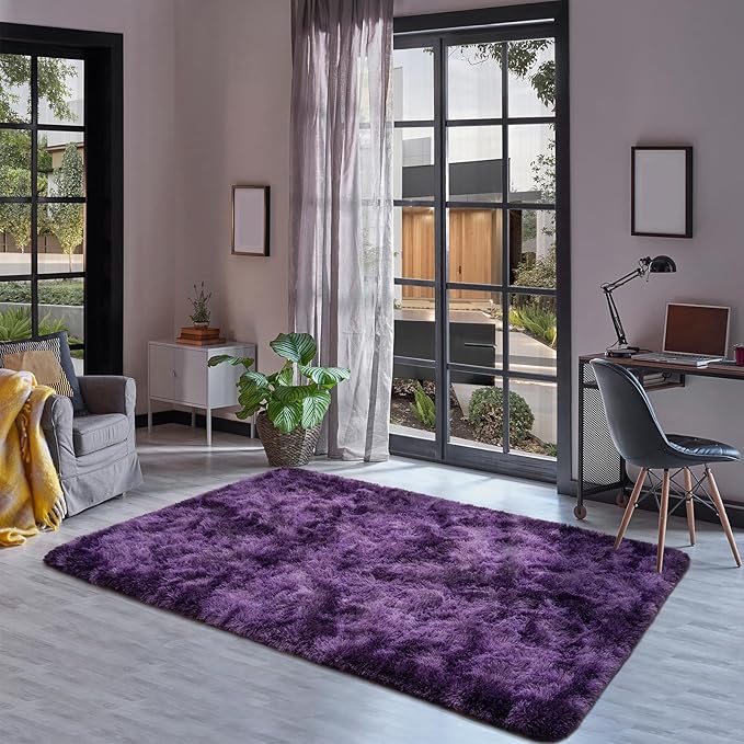 Goideal Fluffy Rug for Bedroom Living Room, 7x10 Purple Area Rugs, Faux Fur Shag Modern Carpet Ultra Soft Girls Boys Room Home Decor, Tie-Dyed