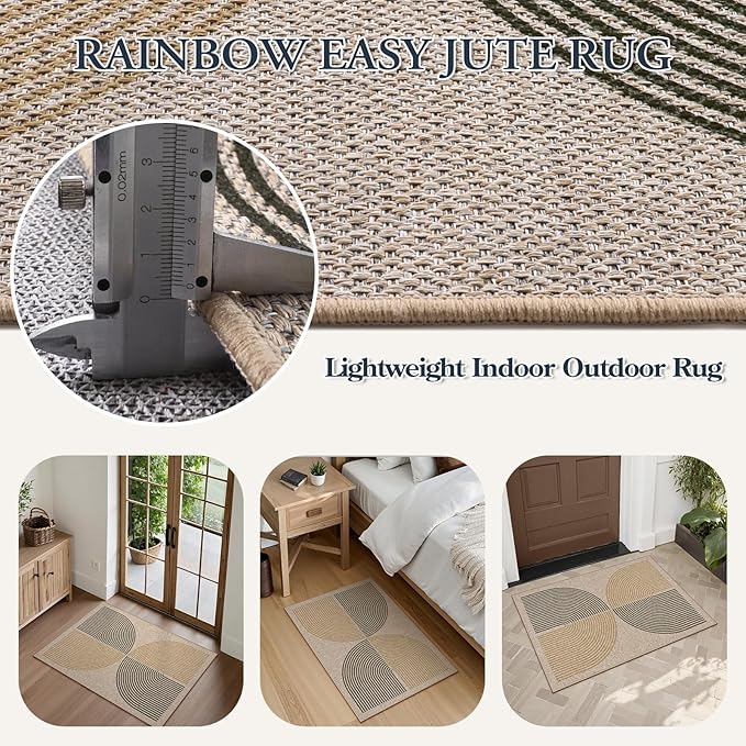 Lahome Enfys Rainbow Easy Jute Rug, 2x3 Entryway Rug Indoor Outdoor Front Door Mat, Farmhouse Neutral Non Slip Non Shedding Washable Kitchen Mats for Floor Foyer