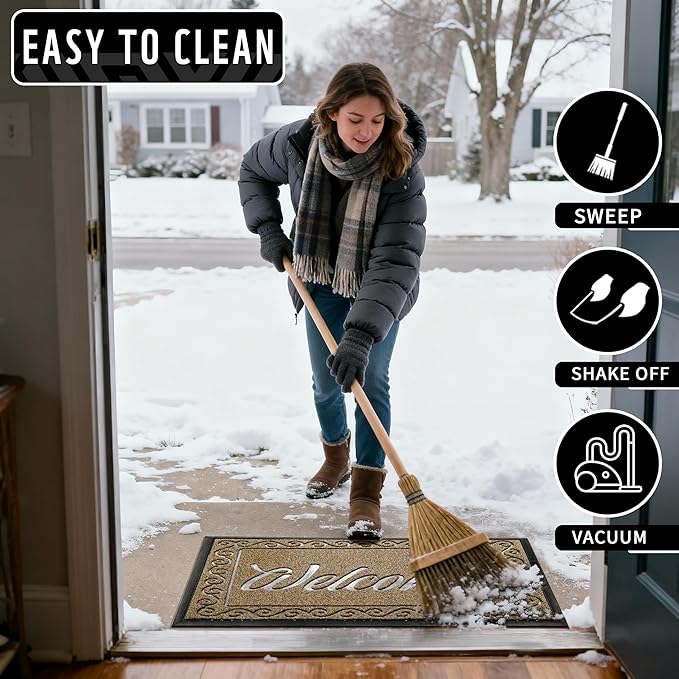 Yimobra Welcome Front Door Mat, Heavy Duty Easy Clean Doormat Indoor Outdoor, Waterproof Quick Dry Floor Mat for Home, Garage, Hign Traffic Areas, Non Slip, Low Profile, 29.5X17 Inches, Beige Brown