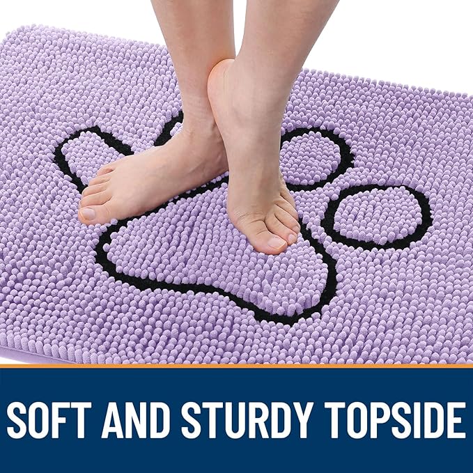 OLANLY Dog Door Mat for Muddy Paws 48x30, Paw Print Design, Absorbs Moisture and Dirt, Absorbent Non-Slip Washable Doormat, Quick Dry Chenille Mud Mat for Dogs, Entry Indoor Entryway Carpet, Lavender