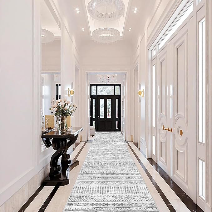Washable Moroccan Hallway Runner Rugs - 2'6''x16' Non Slip Kitchen Rug Soft Floor Carpet Rubber Backing Vintage Long Mat with Low Pile Rugs for Living Room Entryway Farmhouse 2'6''x16' Gray
