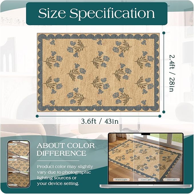 Floral Outdoor Rug - 28" x 43" Front Door Mat Indoor Outside Entrance Non-Slip Washable Outdoor Mat Jute-Look Blue Scalloped Rug for Entryway Kitchen Mudroom Layered Doormat for Front Porch