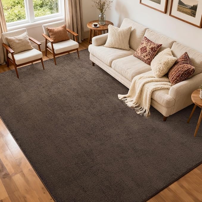 FinRèc 5x7 Washable Area Rugs for Bedroom Living Room, Low Pile Thin Rug Solid Color, Non-Slip Carpet Indoor for Home Decor (Pure Brown)