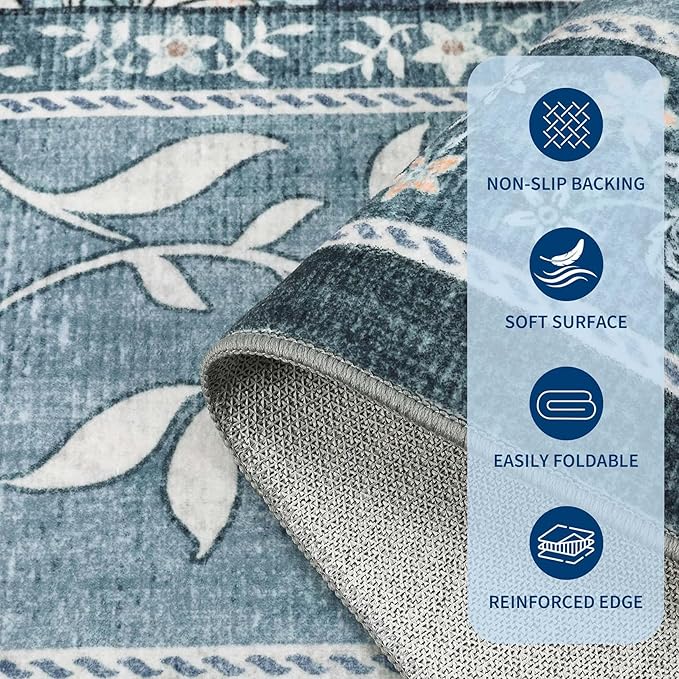 GarveeHome Provence Botanical Grove 4x6 Rug Vintage Cottagecore Retro Blue 4 x 6 Area Rug for Bedroom Living Room Nursery Kitchen Entryway Indoor Mat