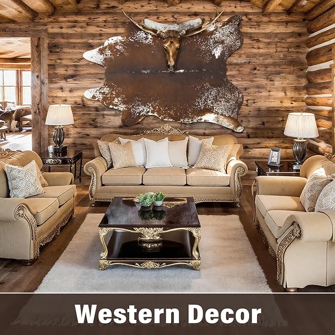 AROGAN Western Decor Faux Fur Cowhide Rug, 4.6×5.2 Feet Premium Animal Skin Cow Hide Rug, Sturdy Cow Print Rugs for Wall Decor, Western Floor Carpet for Bedroom Living Room, Spotted Brown