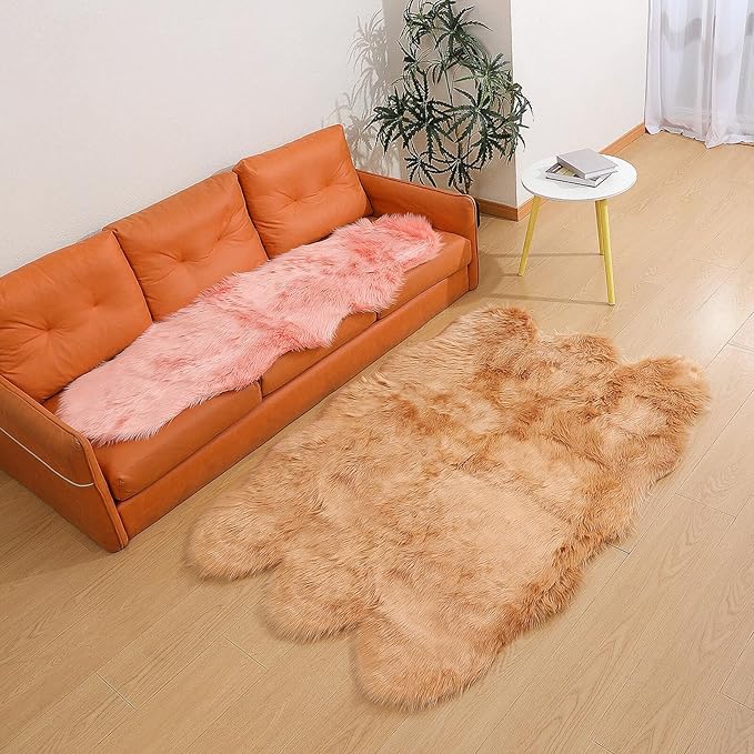 linmopm Faux Fur Rug Sheepskin Shag Fluffy Fuzzy Beige 4x6 ft Rugs for Bedroom Bedside Bed Floor Living Room Plush High-Density Cushion Carpet Super Sofa Cover