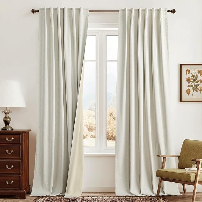 RYB HOME Cream White Linen Blackout Curtains, 100% Blackout Thermal Insulated Boho Farmhouse Window Curtain Panels for Living Room, Back Tab & Rod Pocket, 52" W x 108" L, 2 Panels Set