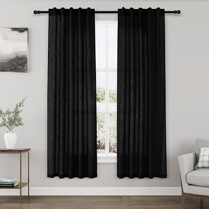 Black Semi Sheer Linen Curtains 72 inch Length for Living Room Back Tab Rod Pocket Modern Long Skinny Curtains Dividing Closet Decor Cotton Textured Gauze Curtain for Laundry Bedroom Office 38x72