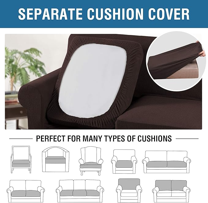H.VERSAILTEX 4 Piece Stretch Sofa Covers for 3 Cushion Couch Covers for Living Room Furniture Slipcovers (Base Cover Plus 3 Seat Cushion Covers) Upgraded Thicker Jacquard Fabric (XL Sofa, Chocolate)