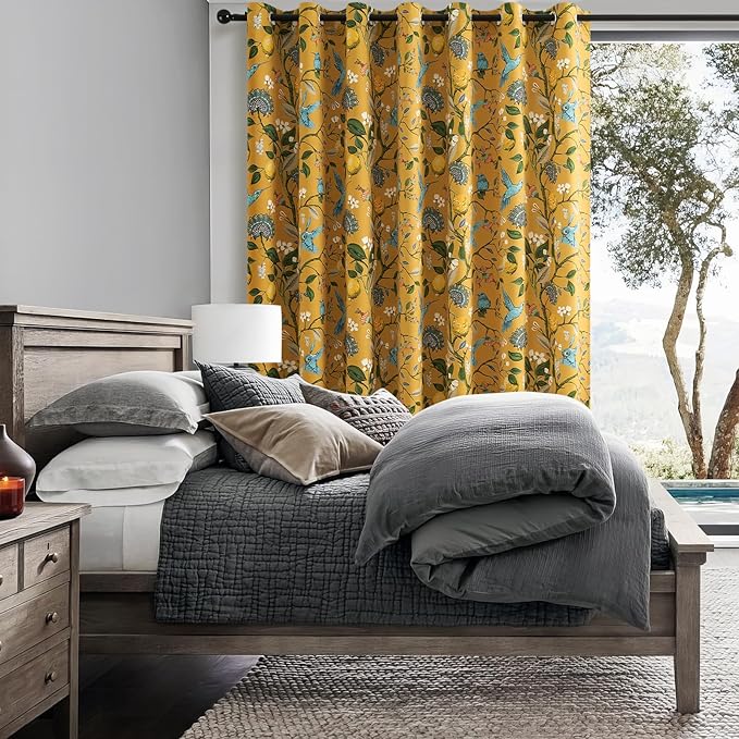 Topfinel Sliding Door Patio Floral Curtains & Drapes, Blackout Extra Wide Room Divider Large Mustard Yellow Vintage Farmhouse Country Hummingbird Patterned Grommet Curtains 1 Single Panels W100 x L84