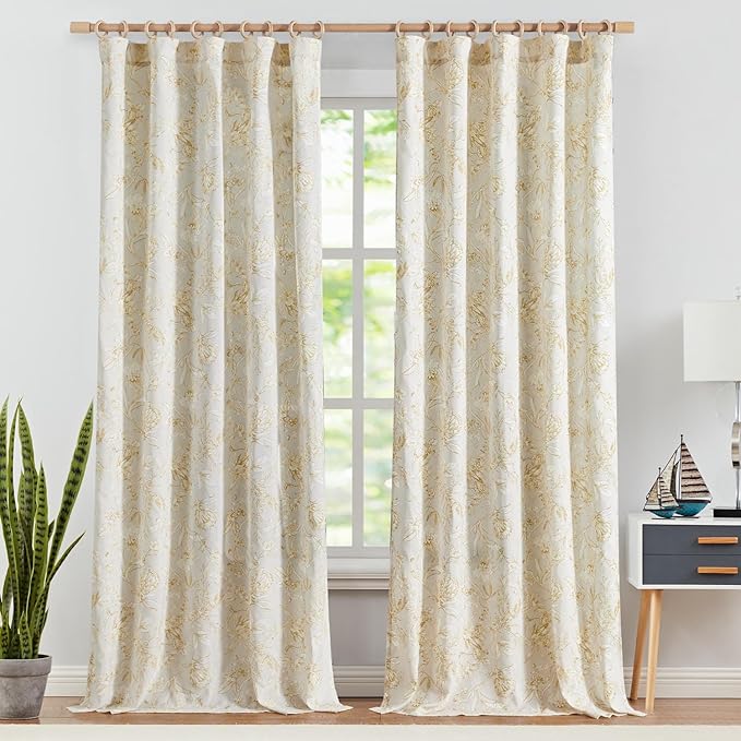 jinchan Floral Curtains 96 Inches Long Mustard Yellow Flower Linen Farmhouse Curtain for Living Room French Country Vintage Curtain Rod Pocket Curtains Set 2 Panels Floral Printed