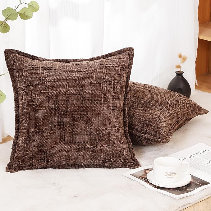 HPUK Fall Chenille Soft Throw Pillow Covers 18x18 Set of 2, Accent Cushion Covers for Living Room, Bedroom, Decorative Solid Color Pillow Covers for Couch, Sofa, Chair, Chocolate