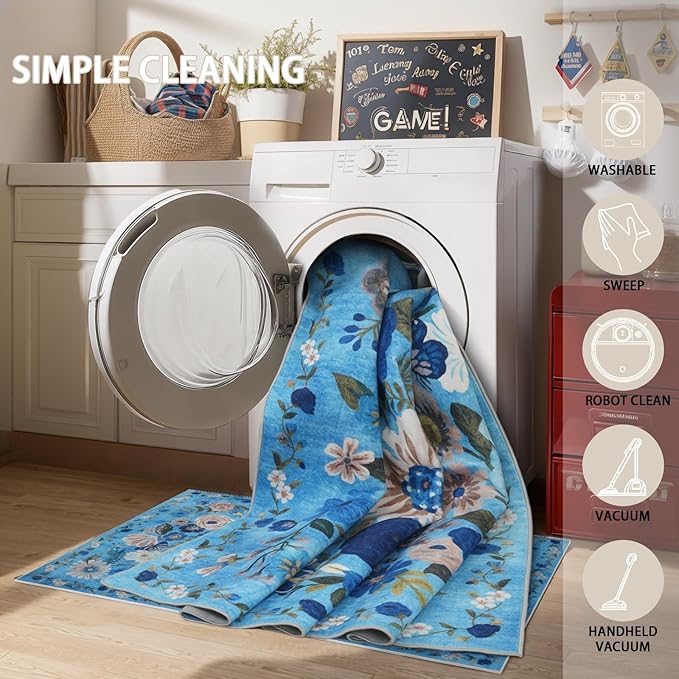 Floral Machine Washable Rug, 3x5 Rug Non Slip Soft Bedroom Rugs for Entryway Dorm, Ultra-Thin Rugs for Bedroom Stain Resistan(3 x 5, Blue Garden)