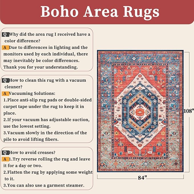 SERISSA 7x9 Area Rugs for Living Room, Large Washable Non-Slip Boho Rug, Ultra Soft Vintage Rust Oriental Tribal Print Distressed Carpet for Dining Room Bedroom Dorm Office Home Decor