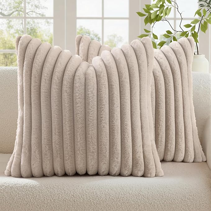 decorUhome Cozy Faux Fur Throw Pillow Covers 24x24 Set of 2 Decorative Soft Plush Striped Modern Farmhouse Boho Couch Euro Sham Pillow Cases with Velvet Back for Sofa Bed Living Room, Tan