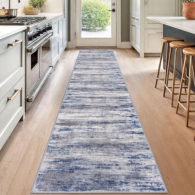 KOZYFLY Modern Abstract Hallway Runner, 2x12 Washable Rug Runner Non-Slip Soft Striped Kitchen Runner Rug, Grey Blue Print Carpet for Entryway Bathroom Laundry Room Foyer