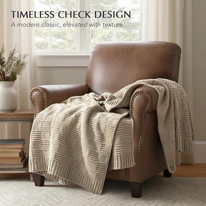 EVERGRACEHOME Modern Checkered Chenille Throw Blanket, Soft Cozy Plaid Knitted Blanket for Sofa & Couch, Decorative Knit Throw for Bed and Living Room, Sand Dune, 60" x 80"