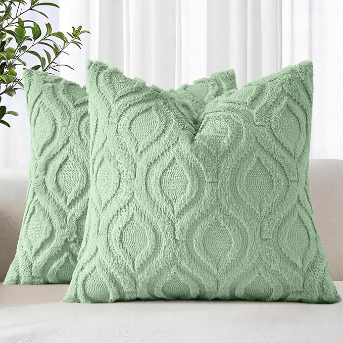 decorUhome Throw Pillow Covers 16x16 Inch Set of 2, Soft Plush Faux Wool Sage Green Solid Couch Pillow Covers, Accent Farmhouse Neutral Square Pillow Cases for Sofa Bed Living Room