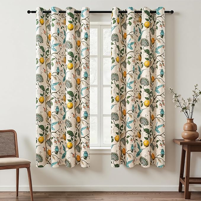 Topfinel Vintage Floral Curtains 72 Inches Long Boho French Country Grommet Botanical Hummingbird Woodland Patterned Lemon Drapes for Bedroom Dining Living Room