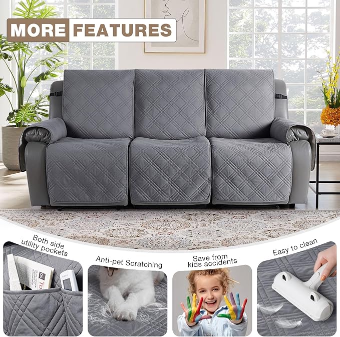 TAOCOCO 100% Waterproof Recliner Sofa Cover, Non Slip Split Couch Covers for Reclining Couches with Elastic Straps, Washable Reclining Sofa Cover Furniture Protector for Kids Pets(3 Seater, Gray)