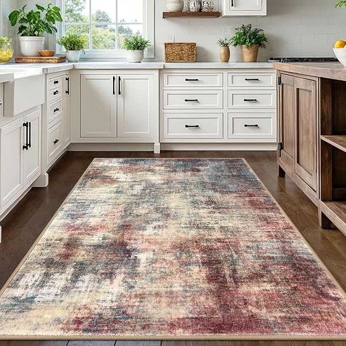 IOHOUZE Abstract Area Rugs 5x7 Ft Washable Rugs for Living Room, Non Slip Dining Room Rug, Printed Faux Wool Rugs for Bedroom, Floor Carpet for Kitchen Nursery Playroom, Red/Multi