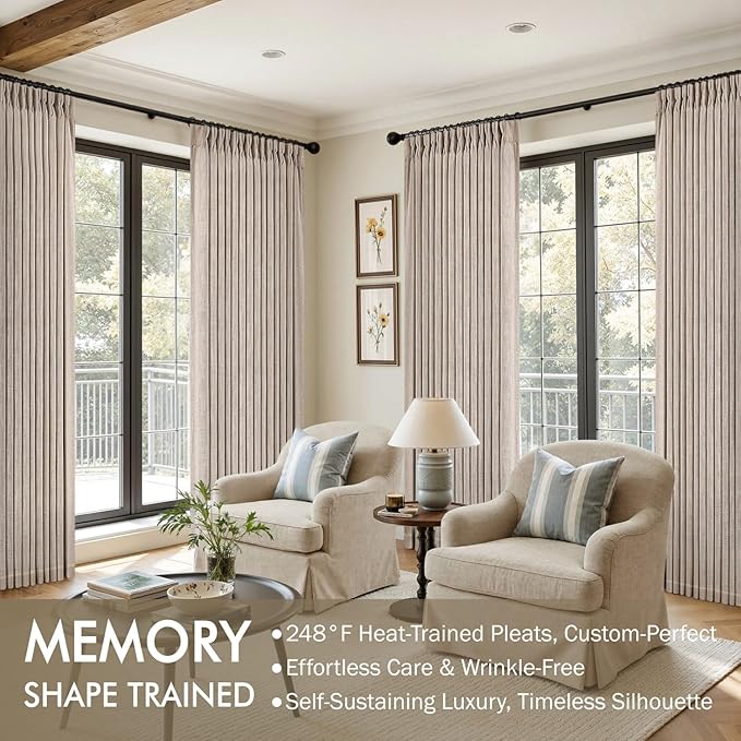 MIULEE Pinch Pleated Thick Linen Curtains 90 Inches Long 2 Panels for Living Room Bedroom, Linen Texture Memory Trained Drapes Pinch Pleat Rustic Farmhouse Window Curtains with Hooks&Rings, Taupe