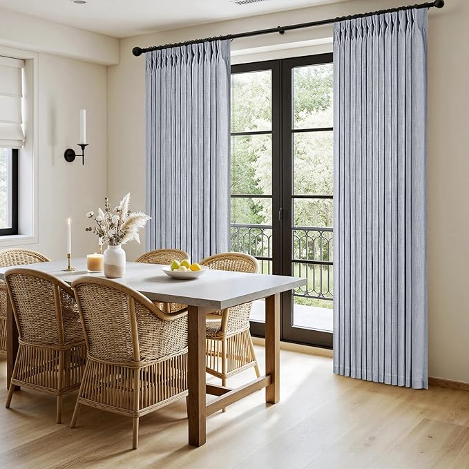 MIULEE Pinch Pleated Thick Linen Curtains 96 Inches Long 2 Panels for Living Room Bedroom, Memory Trained Pleat Drapes Light Filtering Light Blue Semi Sheer Window Curtains Hooks Rings Back Tab