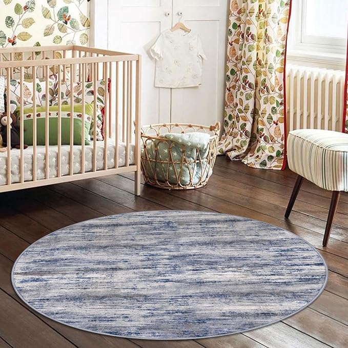 KOZYFLY Modern Abstract Circle Rug 3Ft, Washable Kitchen Round Rug Non-Slip Soft Small Bathroom Rug, Grey-Blue Striped Entryway Rugs Faux Wool Doormat for Bedside Entrance Bedroom Sink