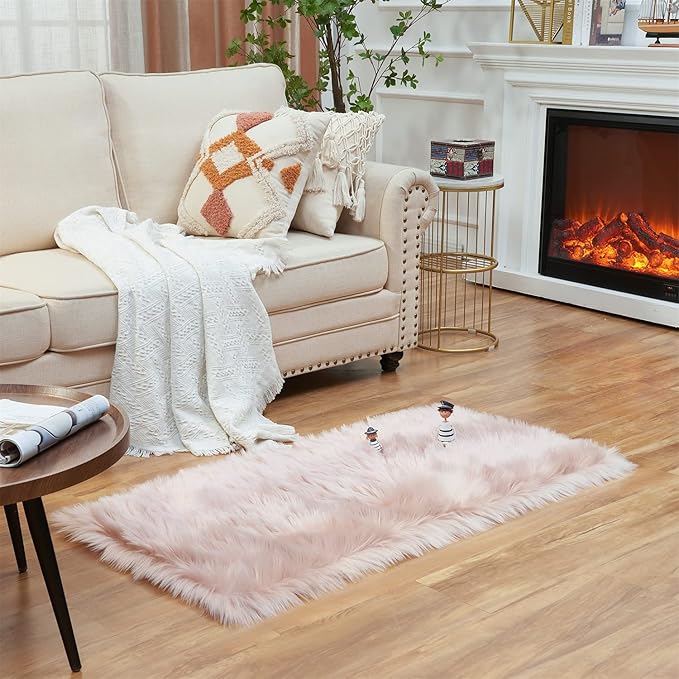EasyJoy Ultra Soft Fluffy Shaggy Area Rug Faux Fur Rug Chair Cover Seat Pad Fuzzy Area Rug for Bedroom Floor Sofa Living Room (2 x 4 ft Rectangle, Pink)