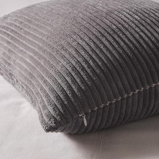 Topfinel Neutral Grey Decorative Throw Pillow Covers 18x18 Inch Set of 4,Modern Farmhouse Striped Corduroy Cushion Cases,Square Euro Shams for Sofa,Bedroom,Floor,Car(45cm Dark Gray)