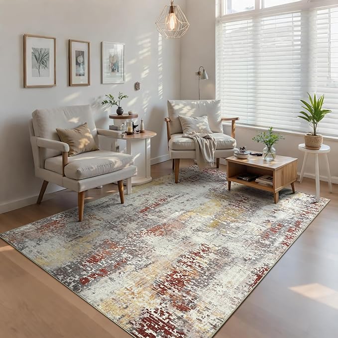 Ompaa Living Room Rug 5x8 Beige Area Rug Machine Washable Boho Rug Non Slip Abstract Vintage Indoor Large Rugs for Bedroom, Classroom, College Dorm, Farmhouse, Dining Room, Kids Playroom