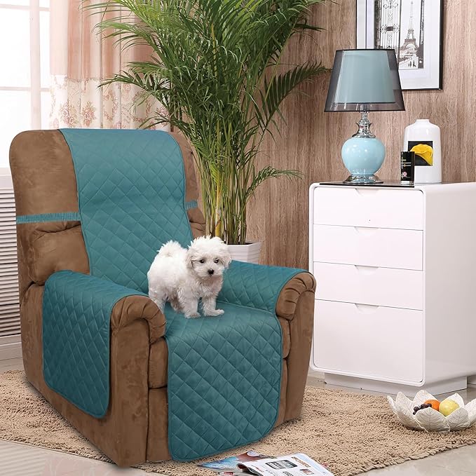 U-NICE HOME Recliner Chair Covers Reversible Quilted Water Repellent Pet Protectors with Elastic Straps (23''Recliner Small, Blue/Beige)