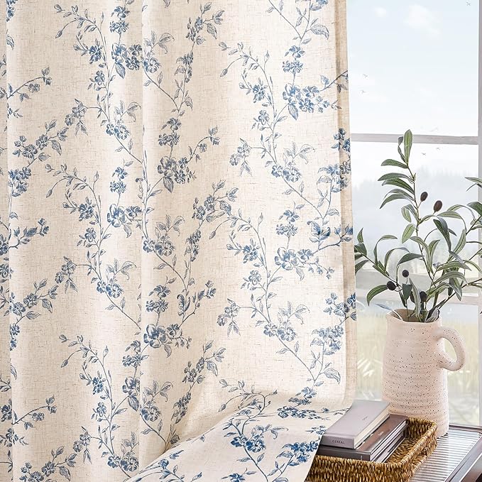 Lazzzy Blue Floral Linen Curtains 84 Inch Length Farmhouse Curtain Back Tab Drapes for Living Room Bedroom Light Filtering Vintage Rod Pocket Curtains, 2 Panels, Blue on Beige