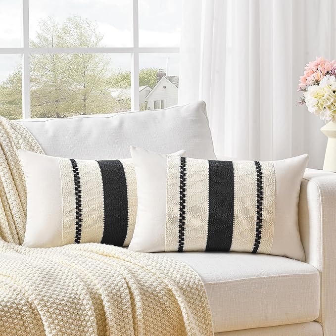 Fancy Homi Set of 1 Boho Black Long Lumbar Decorative Throw Pillow Cover 14x24 Inch for Couch Bed Sofa Chair, Modern Organic Farmhouse Home Decor, Soft Cotton Cute Accent Rectangle Cushion Case