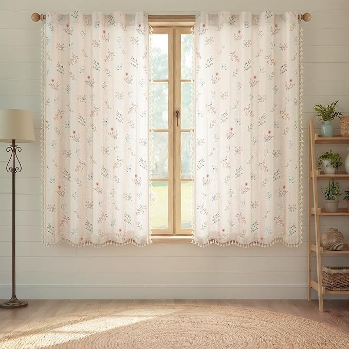 Boho Floral Spring Light Filtering Curtains 63 Inch Length 2 Panels Set, Farmhouse Semi Sheer Bedroom Living Room Vintage