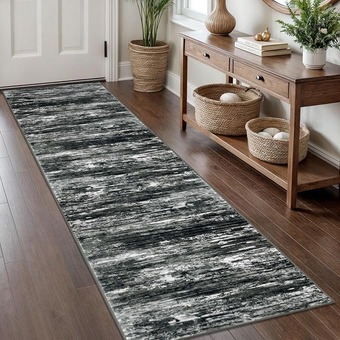 KOZYFLY Modern Abstract Hallway Runner Rug, 2x8 Kitchen Rugs Non-Slip Washable Soft Striped Runner Rugs, Print Black Grey Carpet Runner for Entryway Bathroom Laundry Room Foyer