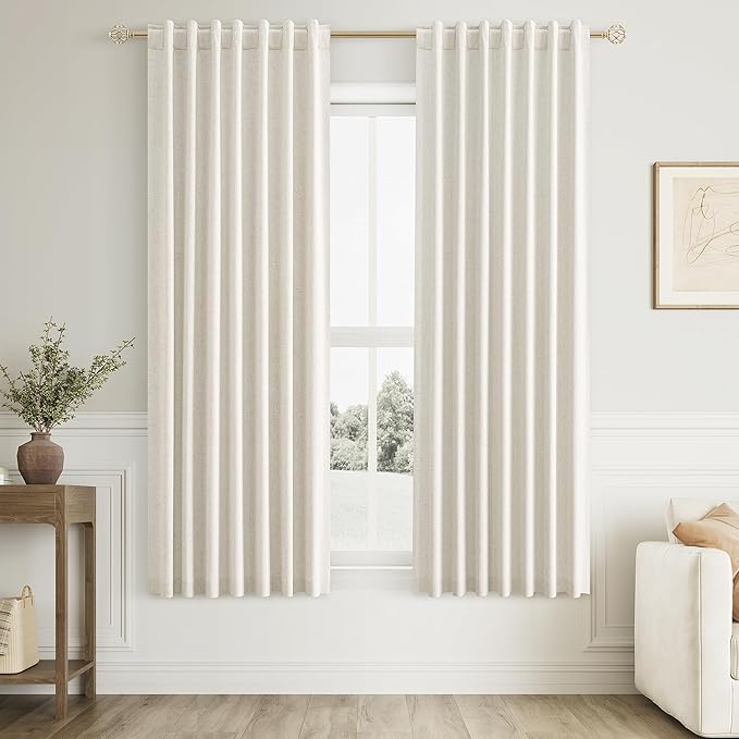 Guken Cream 100% Blackout Curtains 64 Inch Length 2 Panels Set for Living Room Bedroom Back Tab Thermal Insulated Black Out Linen Drapes Room Darkening Window Curtains
