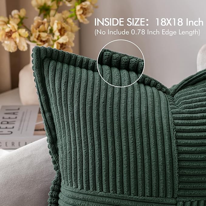 MIULEE Decorative Throw Pillow Covers for Couch Bed Livingroom 18x18 Inch Set of 2 Dark Green Boho Accent Throw Pllows Broadside Striped Patchwork Soft Corduroy Pillowcases