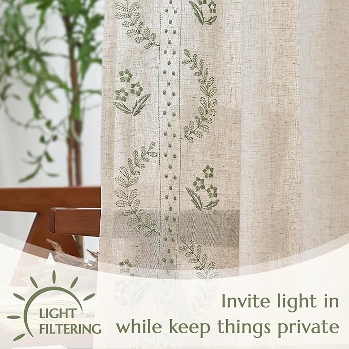 jinchan Belrose Linen Curtains for Bedroom Floral Curtains 84 Inch Length Linen Blend Sage Green Embroidered Drapes Farmhouse Flower Patterned Drapes for Living Room Window Treatments Set 2 Panels