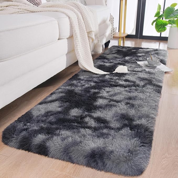 Chicrug Soft Runner Rugs for Bedroom Living Room Plush Fluffy Rug 2x10 Feet, Shag Furry Area Rug Carpet Non Shedding for Nursery Children Kids Girls Room Home Decorative, Grey and Black