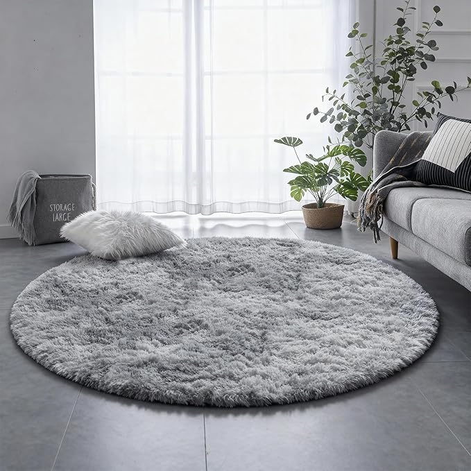 Amdrebio Tie-Dyed Light Grey Round Area Rug 4Ft for Bedroom Living Room, Soft Fluffy Circle Circular Rugs for Kids Room, Home Office Decor, Modern Floor Shag Fuzzy Farmhouse Gray Carpet for Teen Boys
