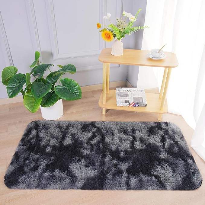 Chicrug Soft Runner Rugs for Bedroom Living Room Plush Fluffy Rug 2x4 Feet, Shag Furry Area Rug Carpet Non Shedding for Nursery Children Kids Girls Room Home Decorative, Grey and Black