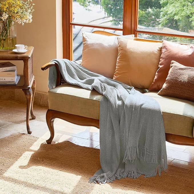lifein Throw Blanket for Couch, Soft Boho Decor Bed Throw,Cozy Grey Knitted Chenille Small Farmhouse Lightweight Throw (Light Grey,50 * 60")