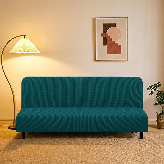 U-NICE HOME Stretch Futon Cover Armless Bed Slipcover - Soft Jacquard Fabric Washable for Pet Friendly, Blue