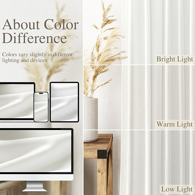 Nanspring Ivory Linen Curtains 63 Inches Length 2 Panels Set for Living Room Back Tab Pocket Natural Light Filtering Privacy Semi Sheer Drapes Cotton Linen Textured Window Curtain 52X63 Inches