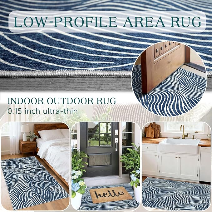 Modern Outdoor Rug - 28" x 43" Front Door Mat Indoor Outside Entrance Non-Slip Washable Outdoor Mat Navy Blue White Ocean Waves Rug for Entryway Kitchen Bedroom Layered Doormat for Front Porch